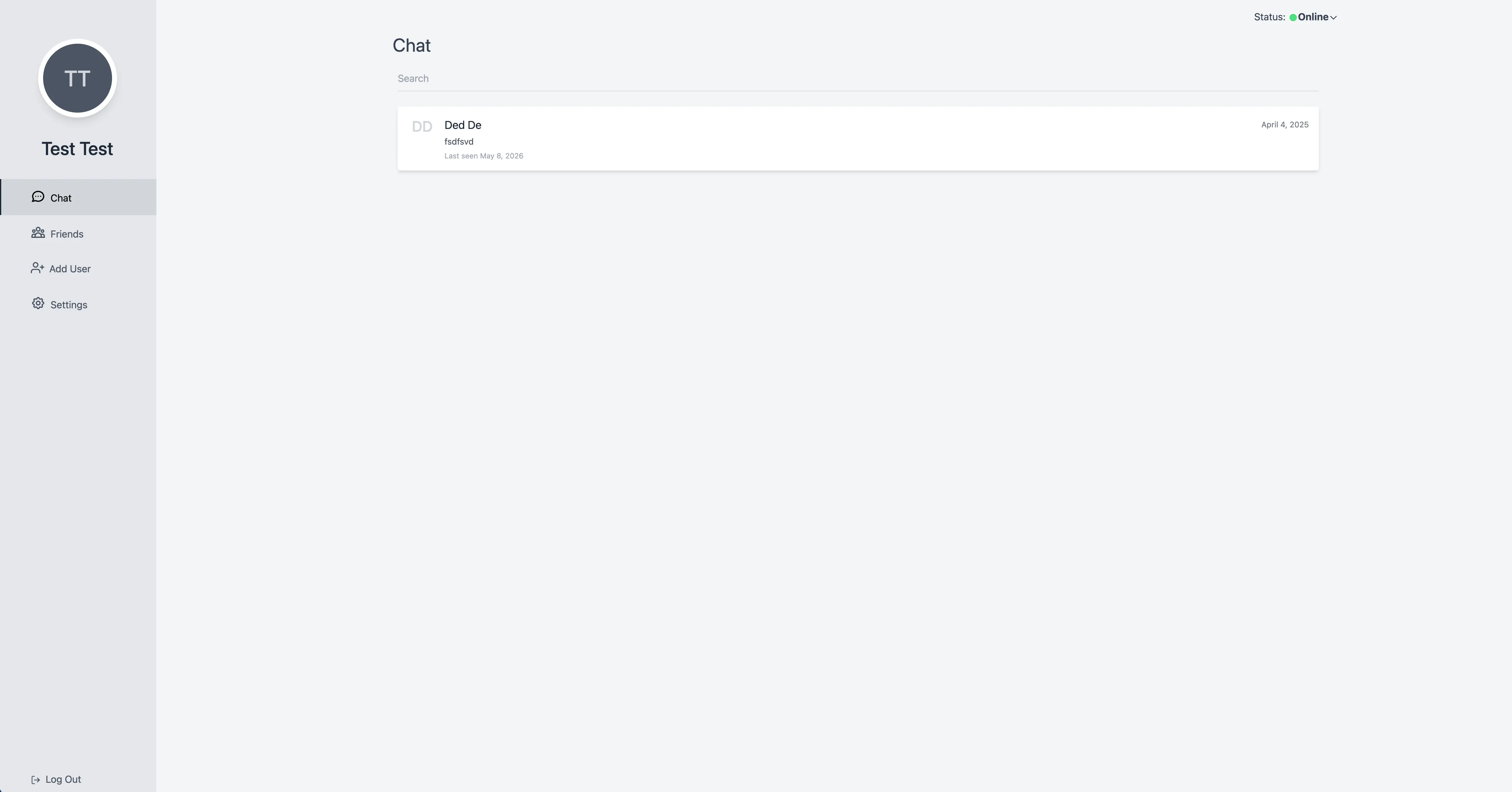 Chat App main chat list with sidebar navigation and online status
