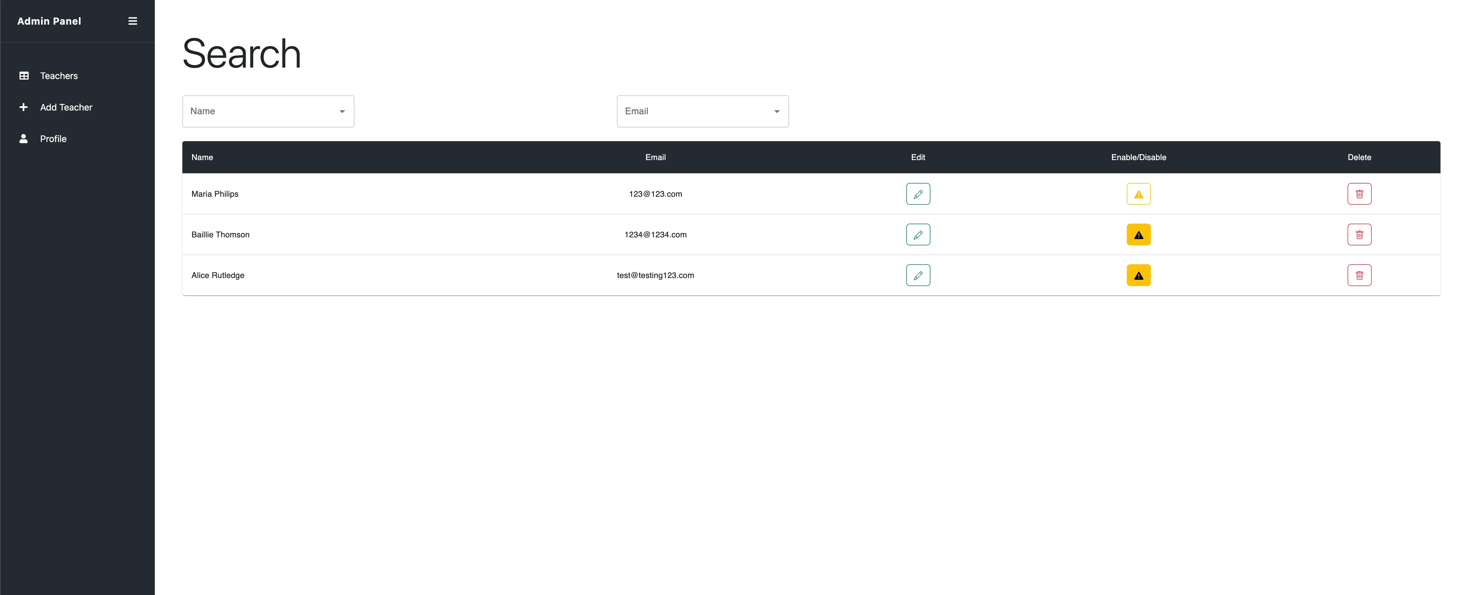 Admin Panel teacher table with edit, enable-disable, and delete actions