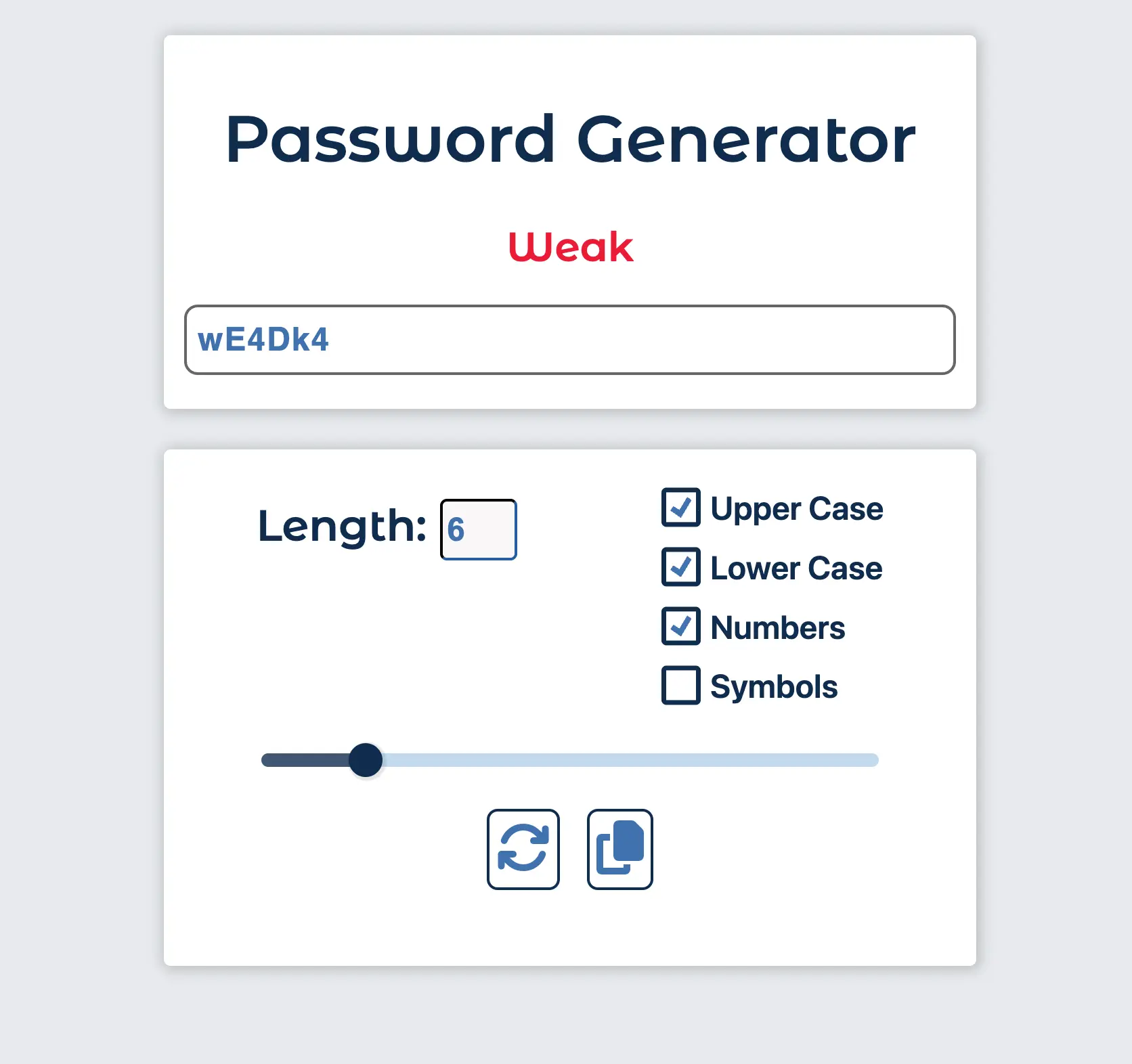 Password Generator weak password state with length 6 and selected character options